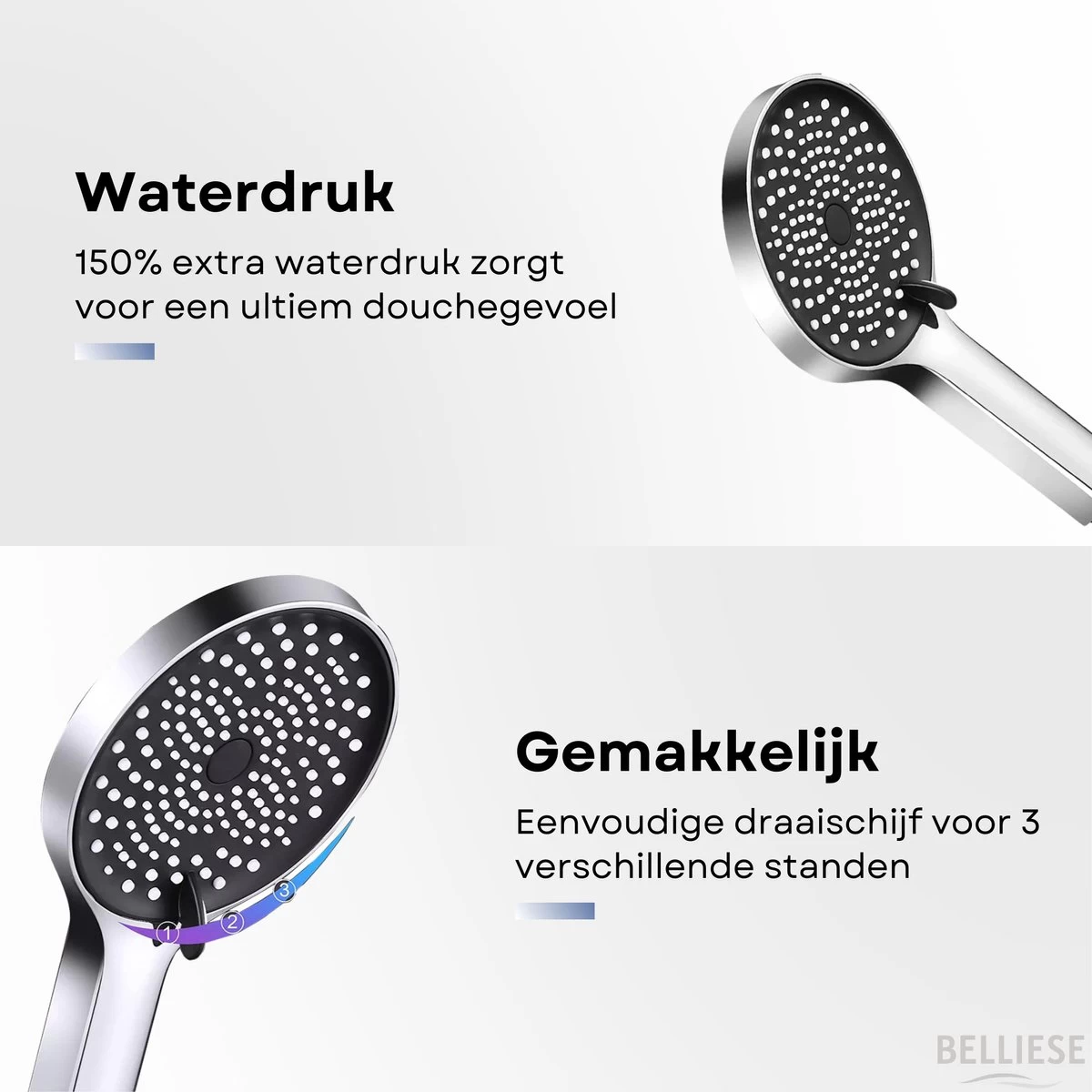Belliese Doucheset Wellness- Douchekop - Doucheslang - Douchekophouder - Douchekop Met Slang - Waterbesparende Douchekop - Badkamer Accessoires - Montage Zonder Boren - 3 Standen - Zilver - Afbeelding 4