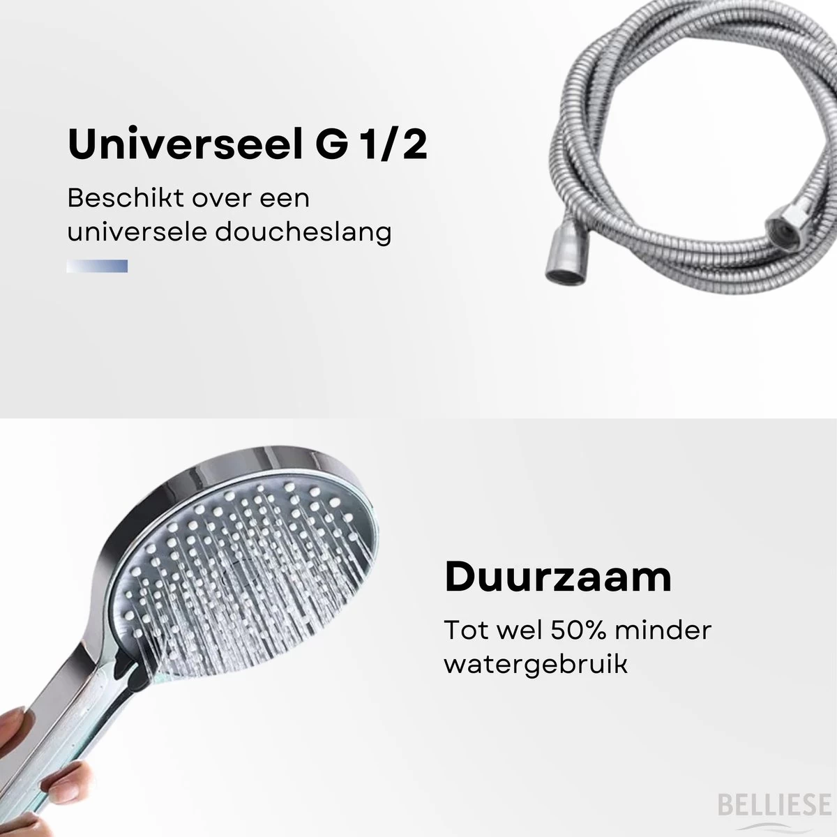 Belliese Doucheset Wellness- Douchekop - Doucheslang - Douchekophouder - Douchekop Met Slang - Waterbesparende Douchekop - Badkamer Accessoires - Montage Zonder Boren - 3 Standen - Zilver - Afbeelding 5