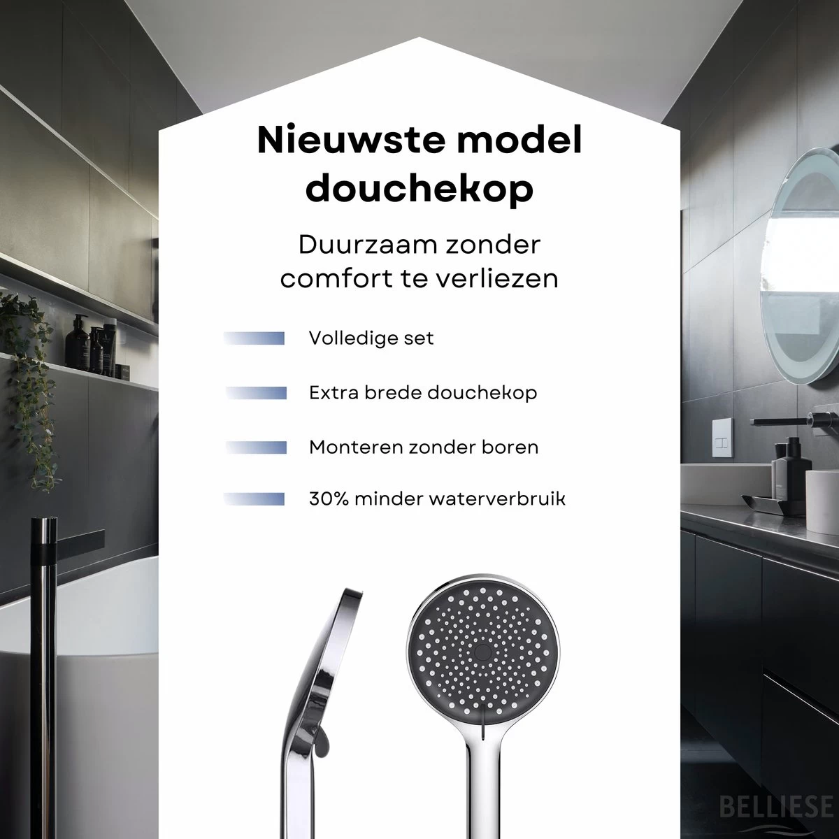Belliese Doucheset Wellness- Douchekop - Doucheslang - Douchekophouder - Douchekop Met Slang - Waterbesparende Douchekop - Badkamer Accessoires - Montage Zonder Boren - 3 Standen - Zilver - Afbeelding 9