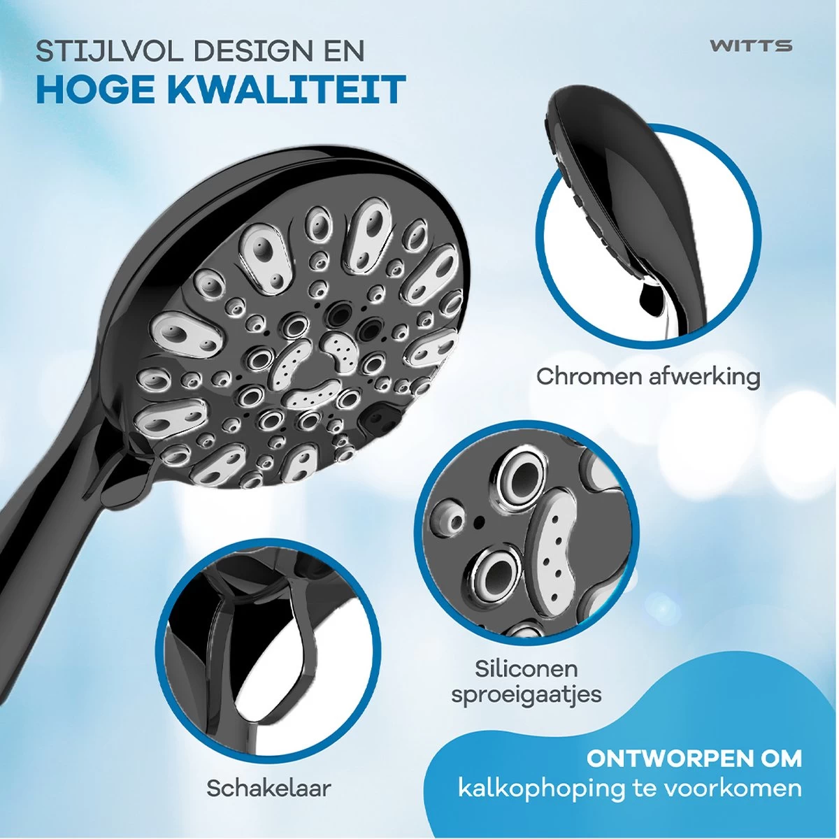 WITTS Douchekop - Waterbesparend - Hoge Kwaliteit - Handdouche ø 12cm - 6 Standen - Zwart - Afbeelding 2