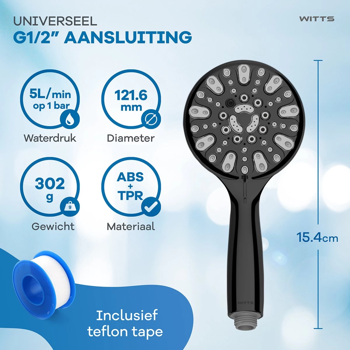 WITTS Douchekop - Waterbesparend - Hoge Kwaliteit - Handdouche ø 12cm - 6 Standen - Zwart - Afbeelding 3