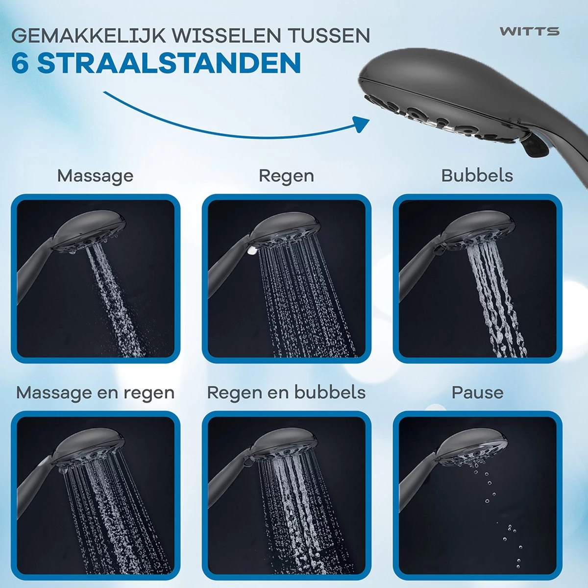 WITTS Douchekop - Waterbesparend - Hoge Kwaliteit - Handdouche ø 12cm - 6 Standen - Zwart - Afbeelding 4