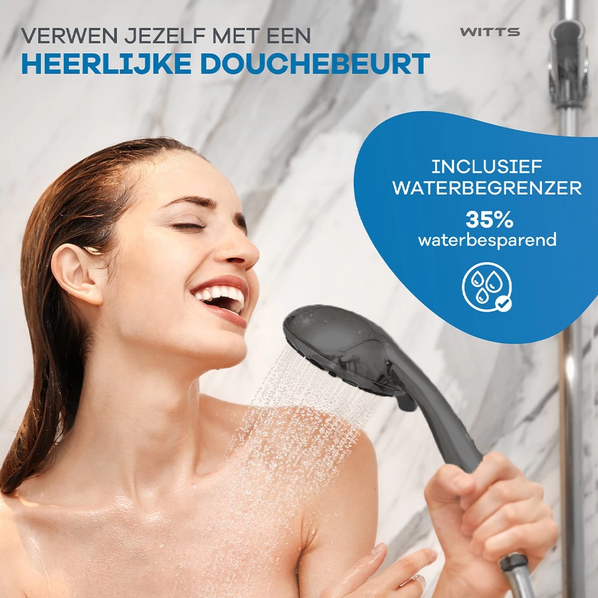 WITTS Douchekop - Waterbesparend - Hoge Kwaliteit - Handdouche ø 12cm - 6 Standen - Zwart - Afbeelding 6