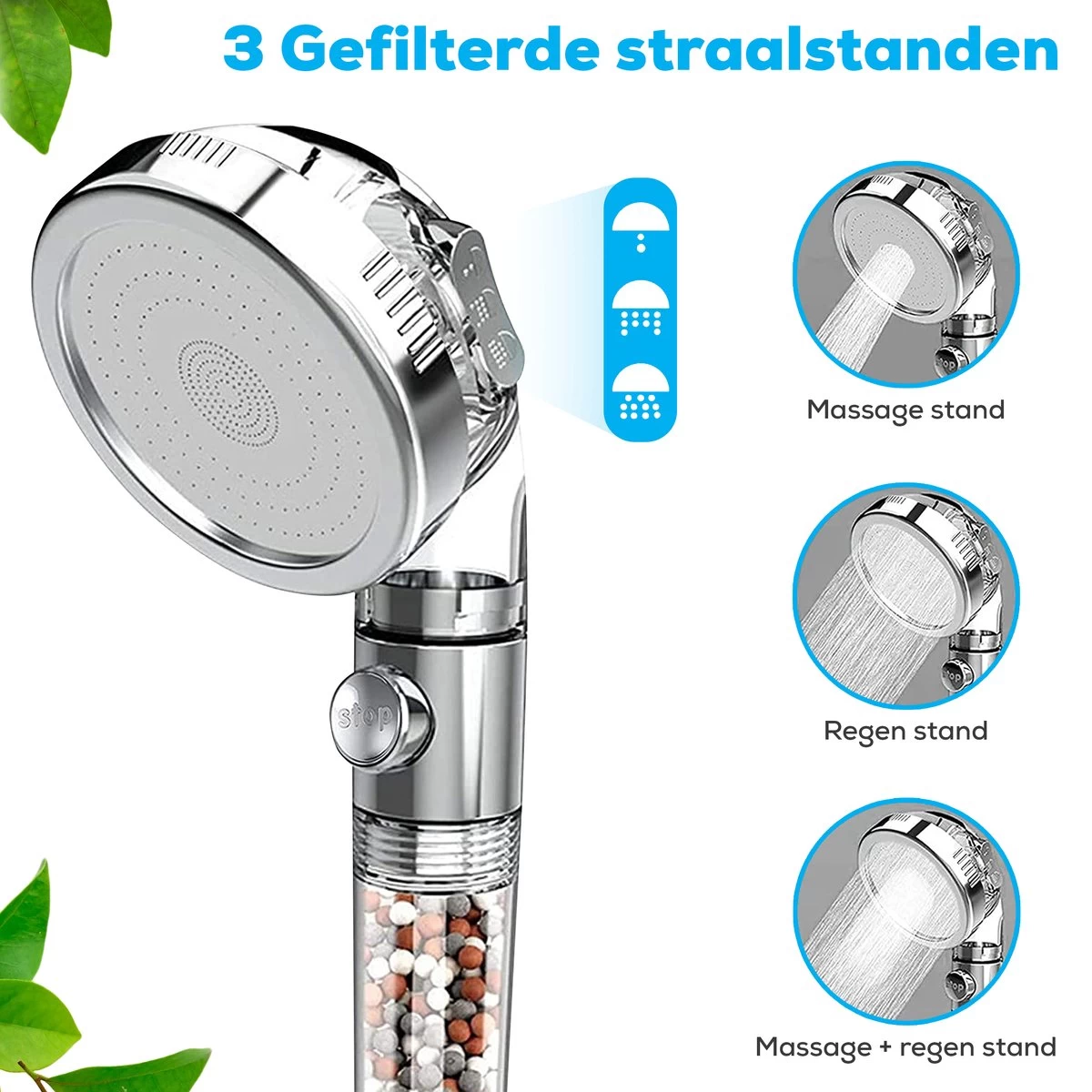 Waterbesparende Ionische Douchekop Met Slang En Houder - Handdouche - 3 Standen - Regendouche - Afbeelding 2