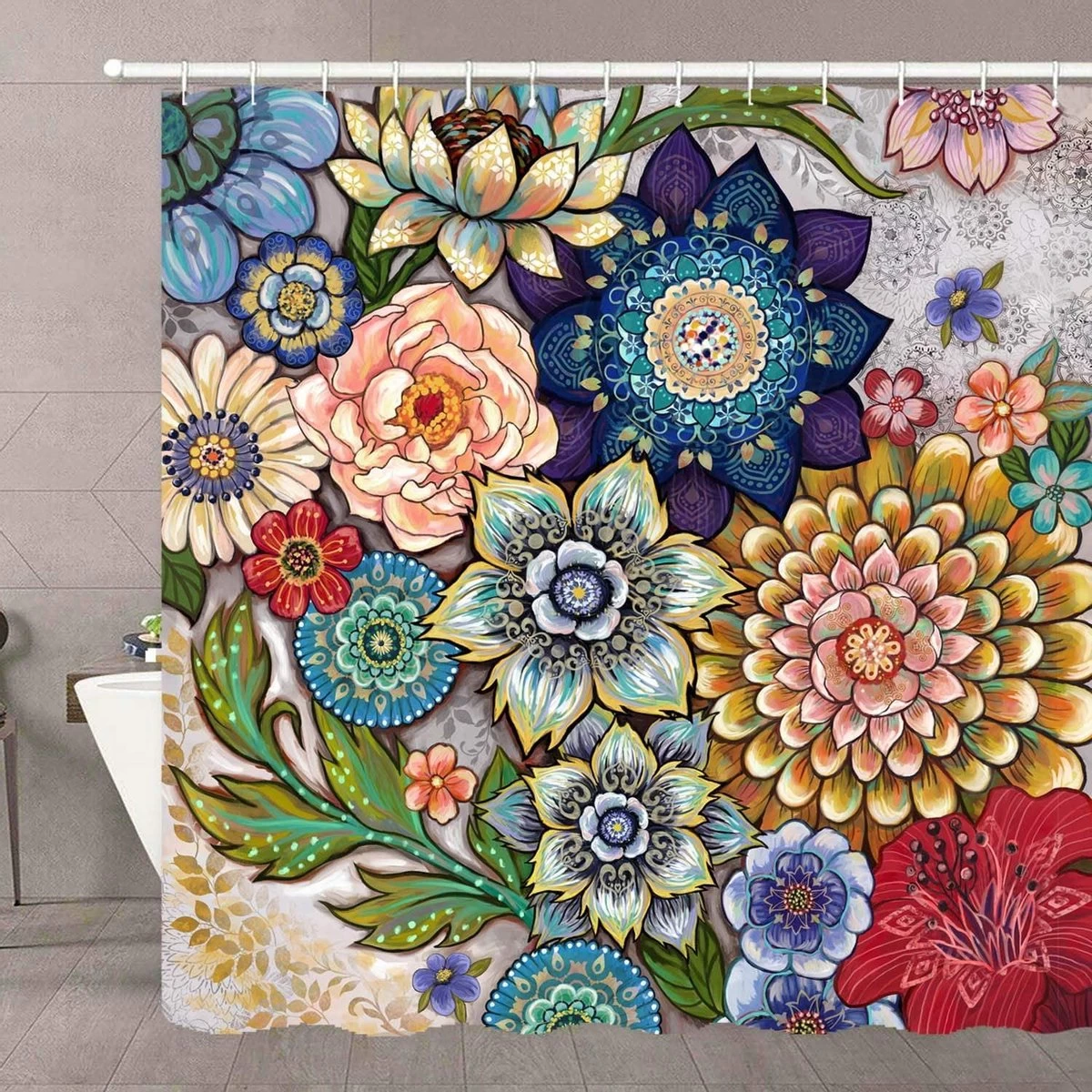 Ulticool Douchegordijn - Bloemen Natuur Kunst - 180 X 200 Cm - Semi Transparant - Met 12 Ringen Wit - Anti Schimmel - Multi Color - Afbeelding 2