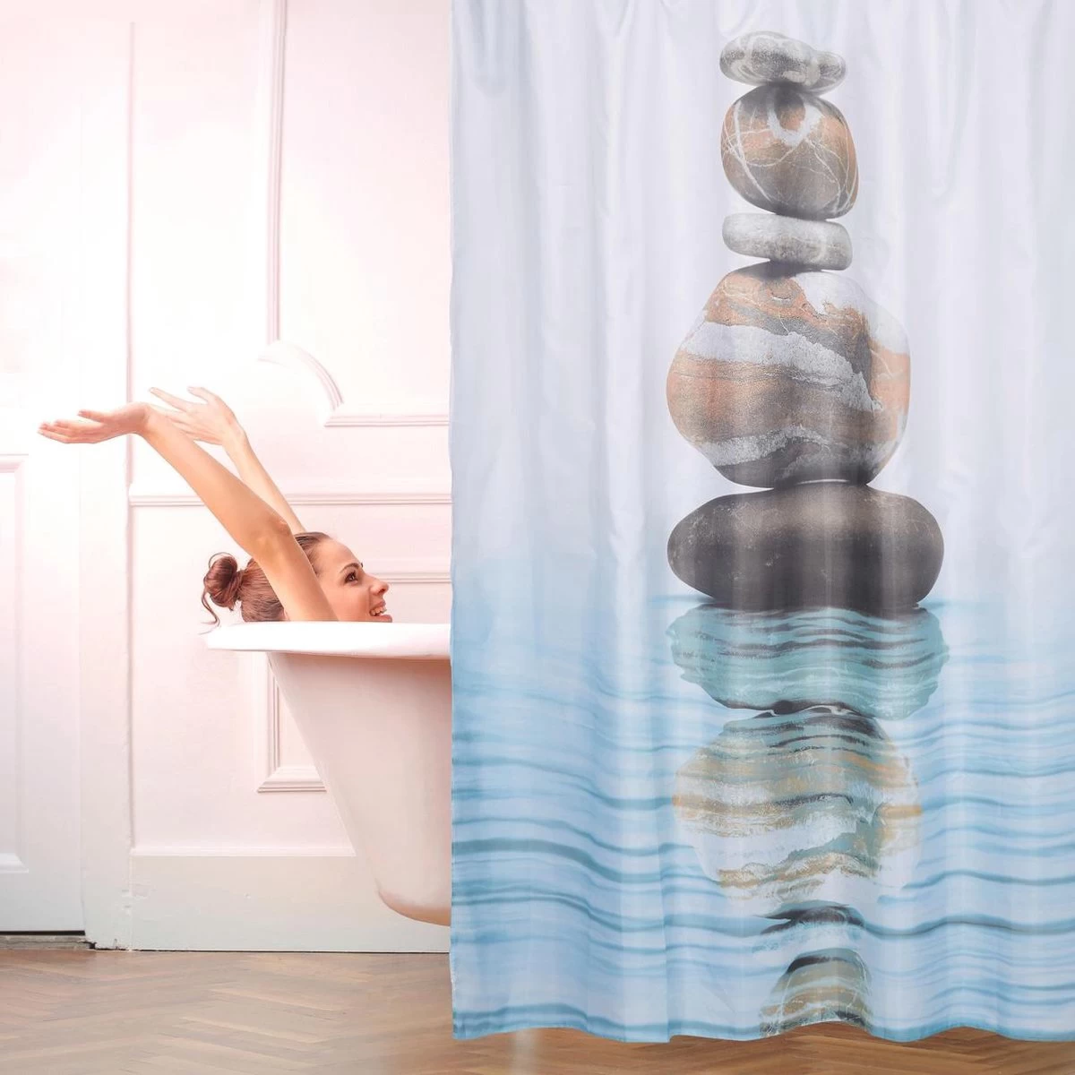 Relaxdays Douchegordijn Stenen Water 180 X 180 Cm - Anti-schimmel Badkamer Gordijn - Bad - Afbeelding 2