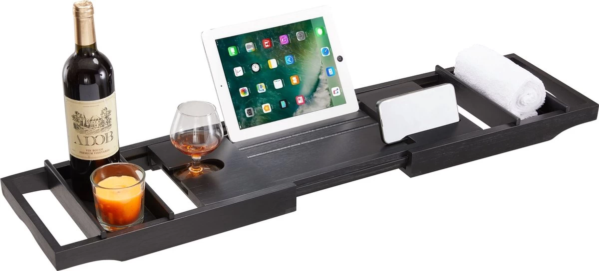 ACAZA Badrekje - Uitschuifbare Bamboe Bad Brug (Min 75 Cm - Max 109cm) - Verstelbare Plank Voor In Bad Met Tablet Houder - Zwart - Afbeelding 2
