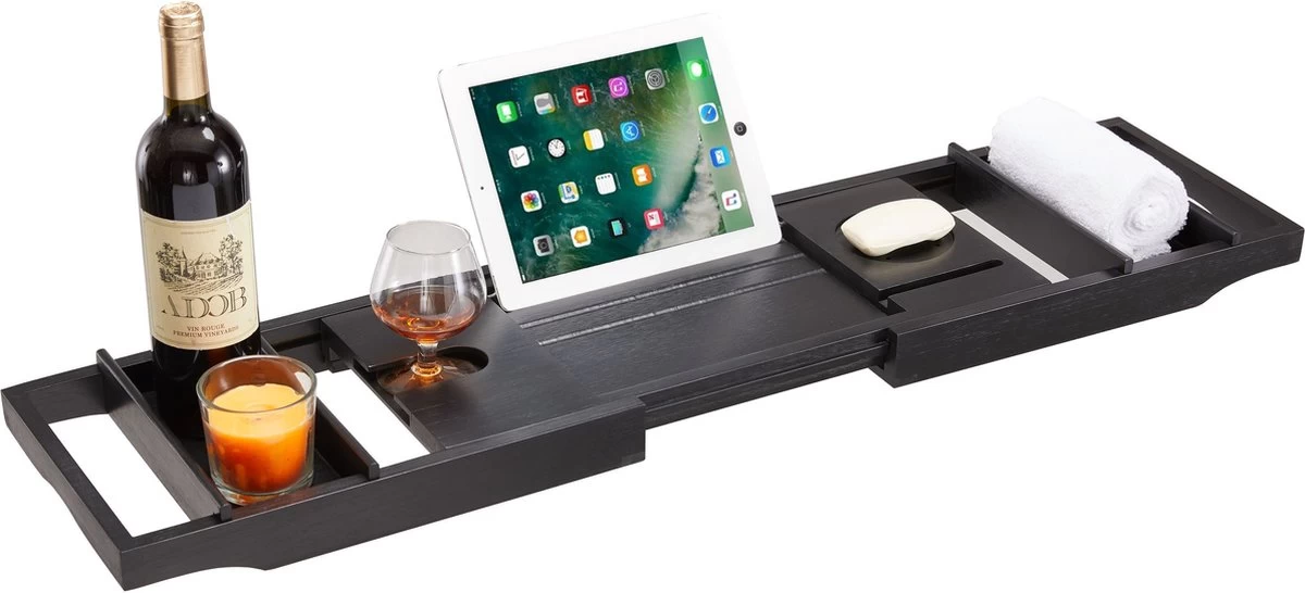 ACAZA Badrekje - Uitschuifbare Bamboe Bad Brug (Min 75 Cm - Max 109cm) - Verstelbare Plank Voor In Bad Met Tablet Houder - Zwart - Afbeelding 3