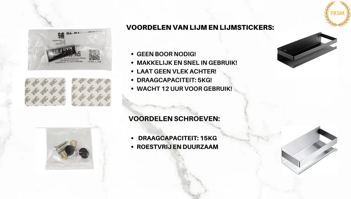 Merkloos Doucherek- Douchemand- Badkamerrek- Badkamer Organiser- Badkamer Organizer-Rekje Voor In De Douche- Badkamer Plank-Rekje Voor Shampoo- RVS- Zonder Boren- Zelfklevend- Rechthoek Vorm- Met Of Zonder Schroeven- Ophangbaar- Met Lijm- 20 Cm- Zwart - Afbeelding 7