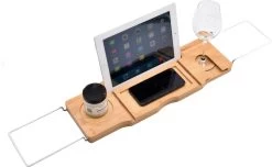 Badrek Bamboe Met IPAD Houder Galeara - Tablethouder - Telefoonhouder - Anti-slip Krasbescherming Badcaddy Badkuiprekje - Badrekje Uitschuifbaar Bamboe Hout