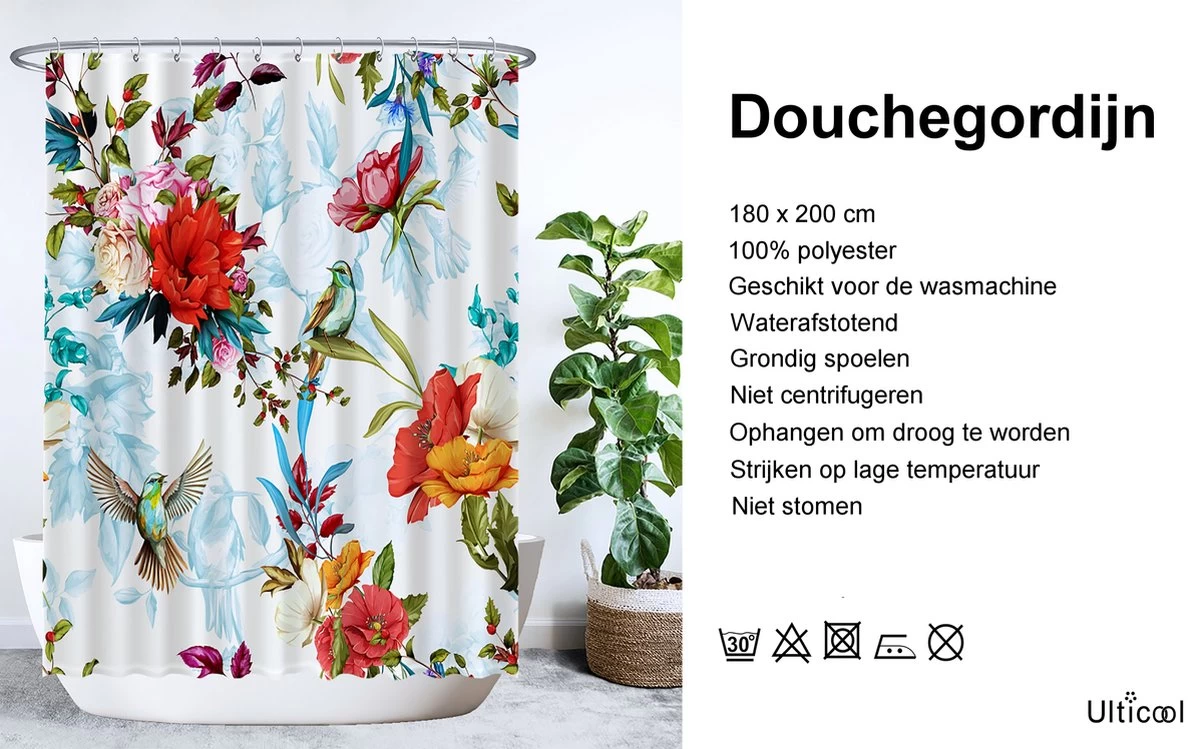 Ulticool Douchegordijn - Bloem Vogel Natuur - 180 X 200 Cm - Semi Transparant - Met 12 Ringen Wit - Anti Schimmel - Multi Color - Afbeelding 2