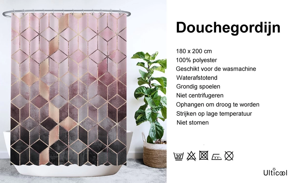 Ulticool Douchegordijn - Marmer Ombre Roze Geometrie - 180 X 200 Cm - Semi Transparant - Met 12 Ringen Wit - Anti Schimmel - Afbeelding 2