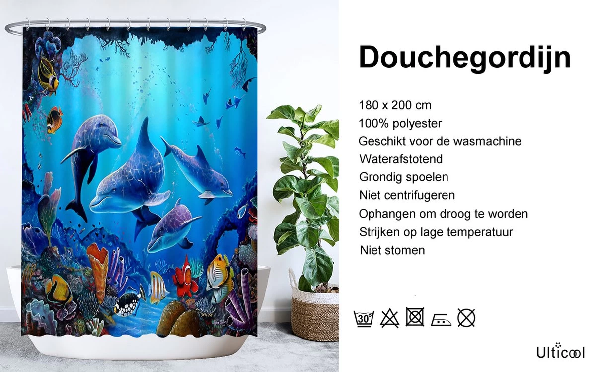 Ulticool Douchegordijn - Dolfijn Zee Vissen Aquarium - 180 X 200 Cm - Semi Transparant - Met 12 Ringen Wit - Anti Schimmel - Blauw - Afbeelding 2