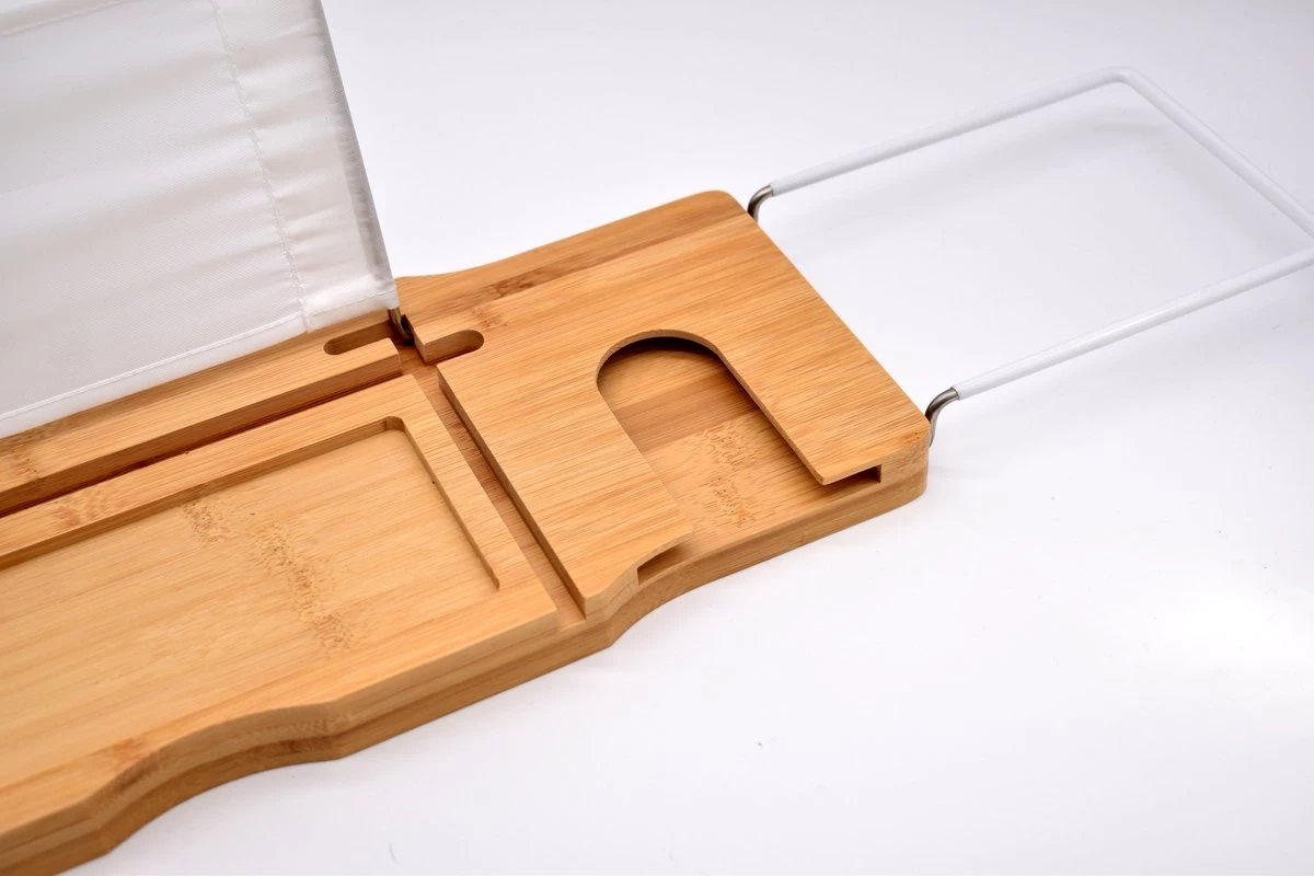 Badrek Bamboe Met IPAD Houder Galeara - Tablethouder - Telefoonhouder - Anti-slip Krasbescherming Badcaddy Badkuiprekje - Badrekje Uitschuifbaar Bamboe Hout - Afbeelding 2