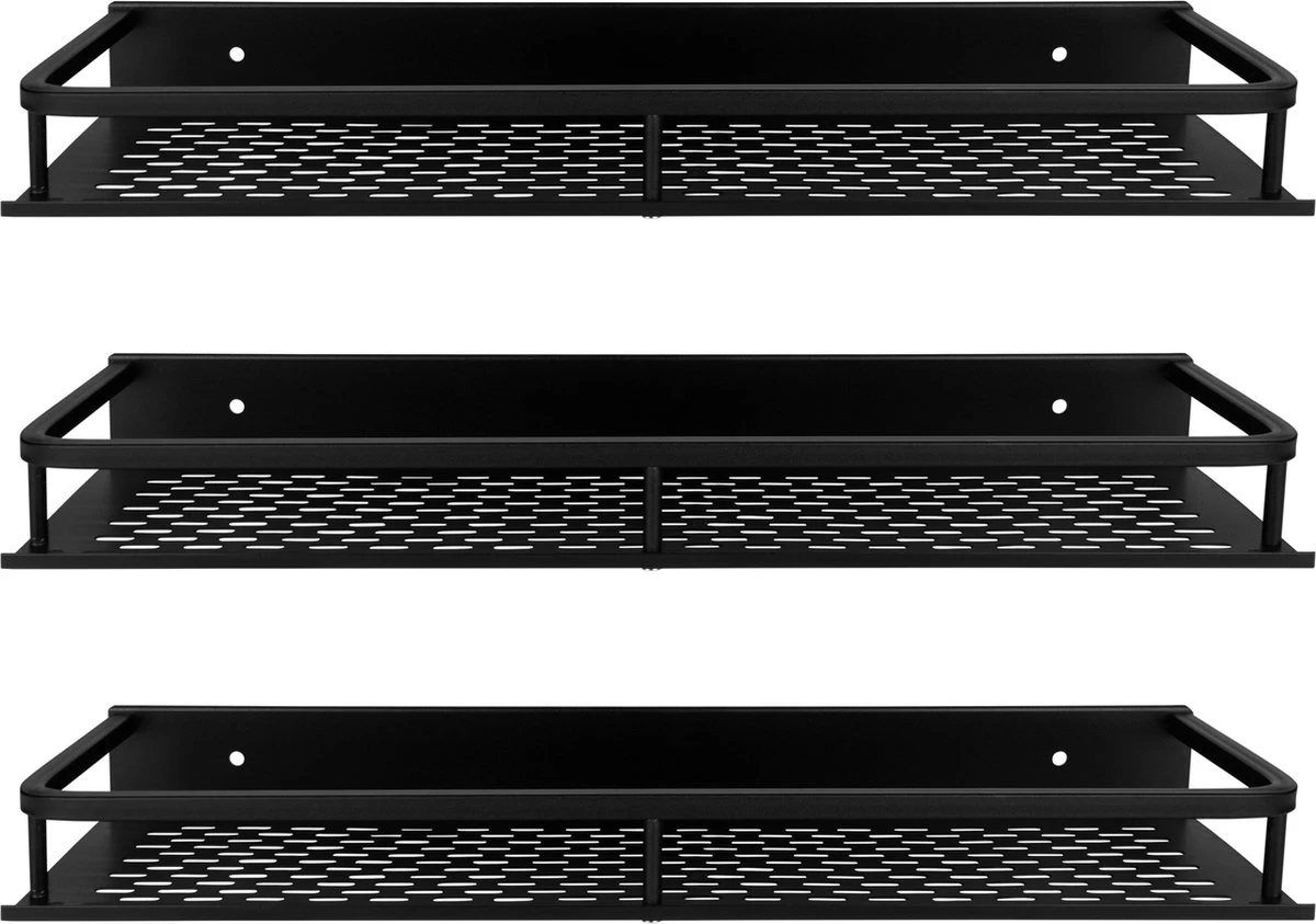 QUVIO Doucherek / Planchet - Set Van 3 - Planchet Badkamer - Badkamerplankje - Keukenrek - Kruidenrekje - Wandplank - Specerijenrek - Badkamerrekjes - 3-delig - Rechthoekig - Zwart - Aluminium - 11, X 40 X 4 Cm - Afbeelding 2