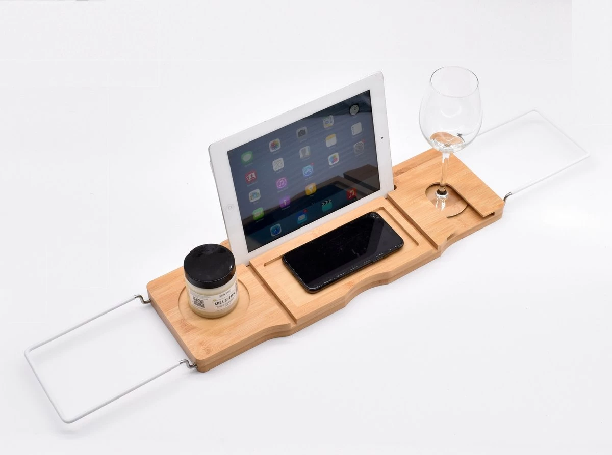 Badrek Bamboe Met IPAD Houder Galeara - Tablethouder - Telefoonhouder - Anti-slip Krasbescherming Badcaddy Badkuiprekje - Badrekje Uitschuifbaar Bamboe Hout - Afbeelding 3