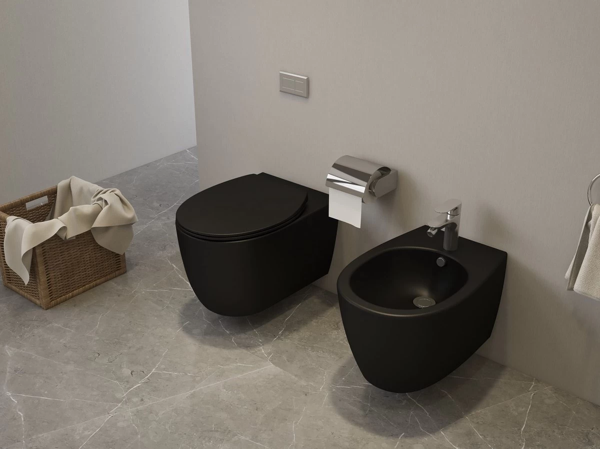 Viidako – Paskii Toiletpot – Mat Zwart – Design - Rimless – INCLUSIEF Softclose Zitting – Quick Release - Hangend/zwevend Toilet - Afbeelding 7