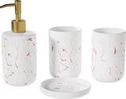 Selotus® Badkamer Set Van 4 – Badkamer Accessoires – Zeepdispenser – Dispenser - Tandenborstelhouder – Zeepbakje – Zeephouder – Vrijstaand – Planchet - Zeeppompje - – Wit Goud