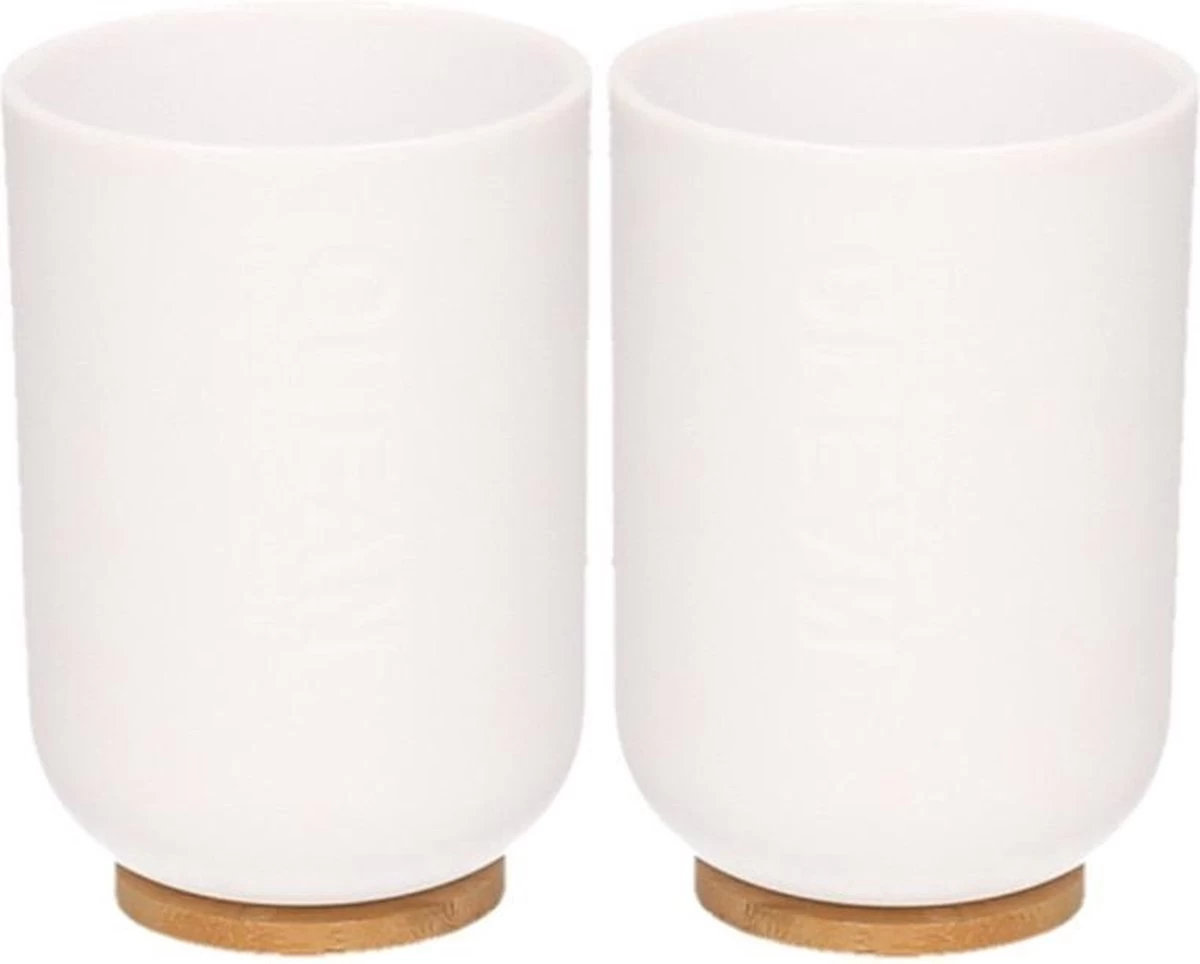 Merkloos 2x Witte Badkamer/keuken Bekers Met Bamboe 11 Cm- 300 Ml - Badkameraccessoires - Drinkbeker