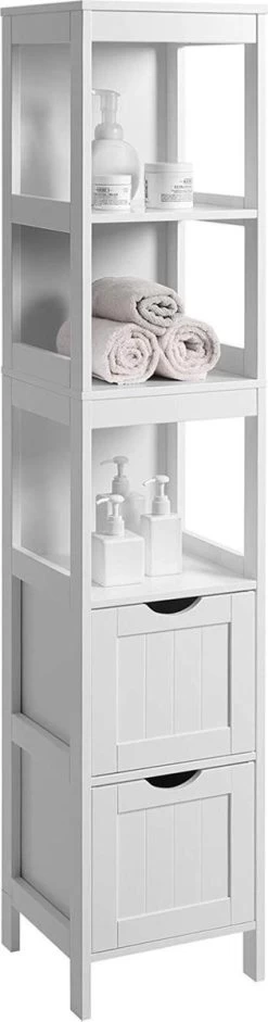 Hoge Badkamer Kast Met 2 Laden En 3 Open Vakken - 30 X 30 X 143,5 Cm - Wit