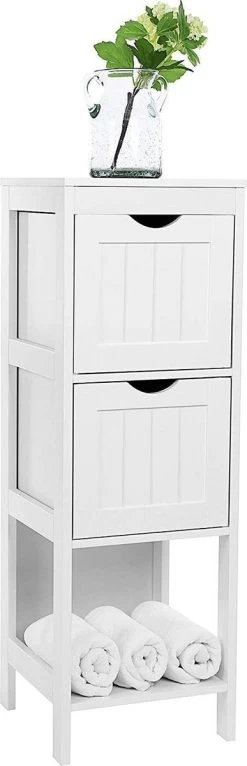 Staand Houten Badkamerkastje Met 2 Te Benutten Schuiflades - Vrijstaand Kastje Voor Badkamer Met Twee Lades - 30x30x89cm - Wit