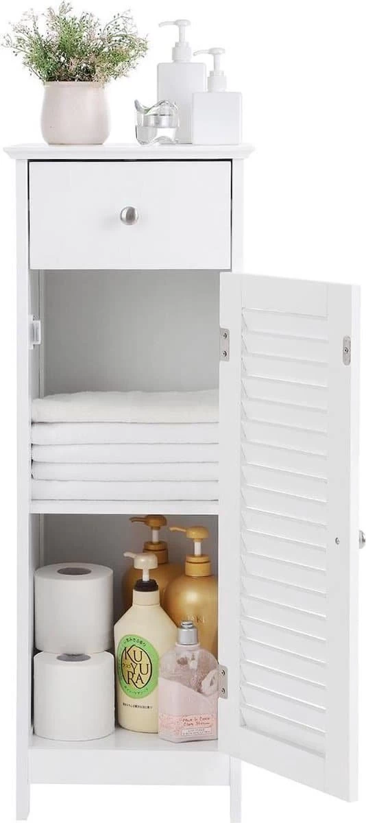 Songmics Badkamermeubel, Badkamermeubel, Zijkast, Nachtkastje Met Lade En Lamellaire Deur, Badkamer, Gang, Slaapkamer, 32 X 87 X 30 Cm, Wit BBC43WT - Afbeelding 6