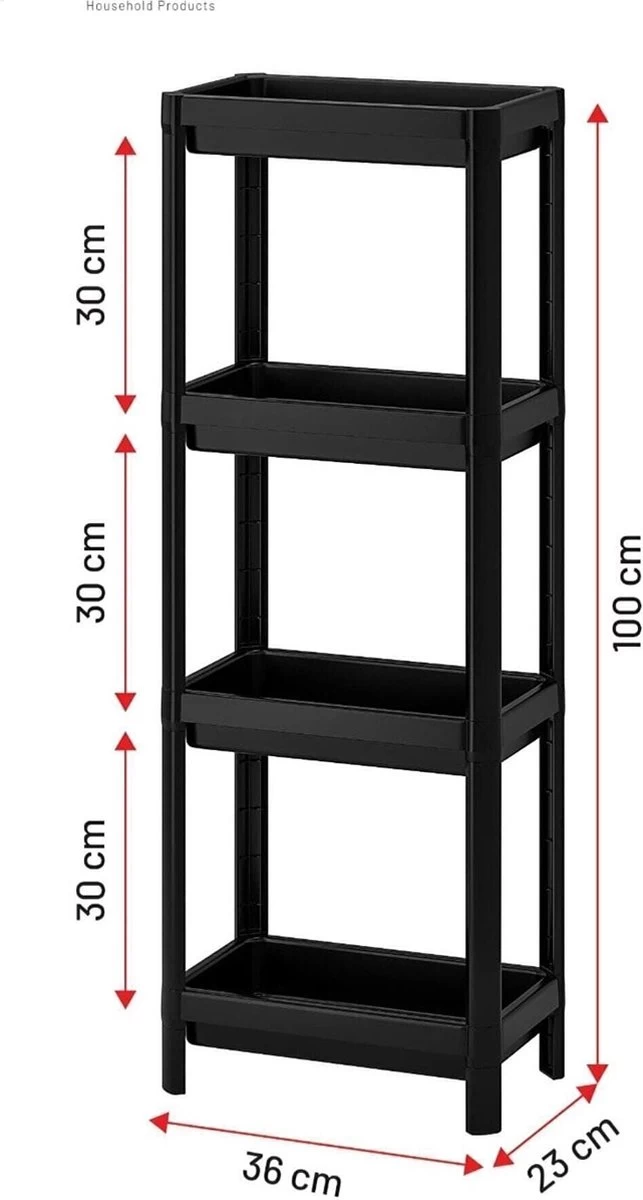 Merkloos Badkamerrek - 4 Etages - Keukenrek - Opbergrek - Staand Badkamerrek - Zwart - 100x36x23 CM - Afbeelding 2