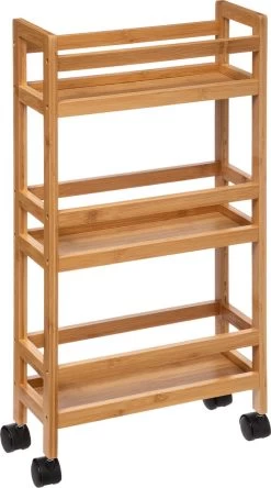 5Five Bamboe Badkamer Rek Extra Small Op Wielen - Staand Rek Met 3 Etages Voor In De Badkamer - Open Kastje Als Badkamerkast
