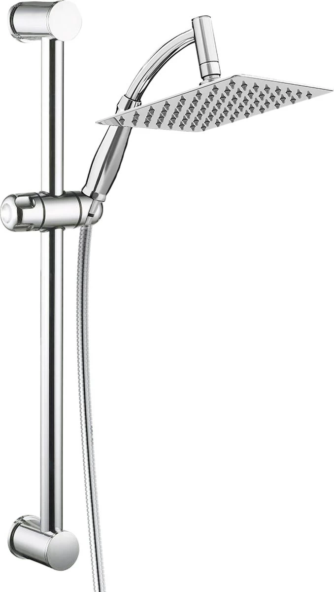 Regendouche XL Deluxe Met Glijstang - ø 28 Cm - Douchekop Met Slang En Stang - Vierkant - RVS - Chrome - Glijstangset - Spa - Wellness