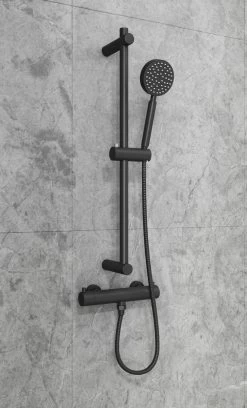 Wesseling & Bos Eva Doucheset – Douchemengkraan Met Thermostaat-glijstang 60 Cm - Mat Zwart - Compleet Met Alle Montagemateriaal