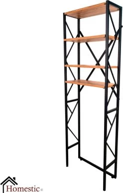 Homestic© - Ruimtebesparende Toiletmeubel - WC Plank, Badkamerplank Met 4 Open Vakken - Industrieel RVS Badkamermeubel - Zwart Staal / Hout - 170x54x24 CM