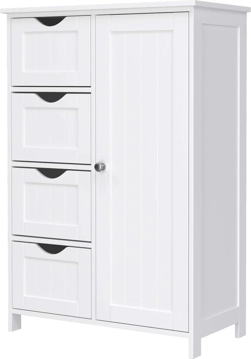 Badkamerkast, Ladekast Met 4 Schuifladen En 1 Deur, Wit, 55 X 81 X 30 Cm -Wastafelonderkast - Badkamermeubel - Afbeelding 2