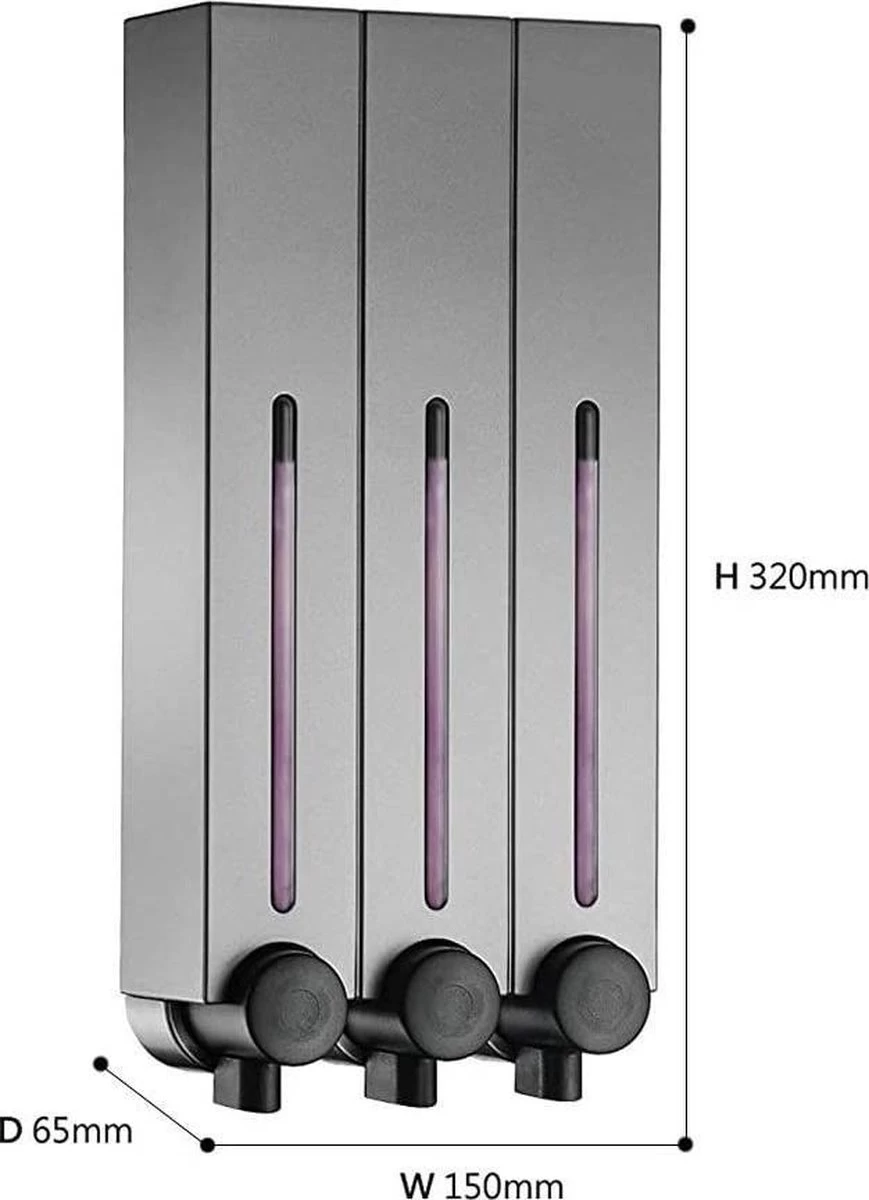 Zeepdispenser - RVS Kleur - 3 Kamer - 3 Reservoirs - 3 X 500ml - Hangend - Wandmontage - Afbeelding 3