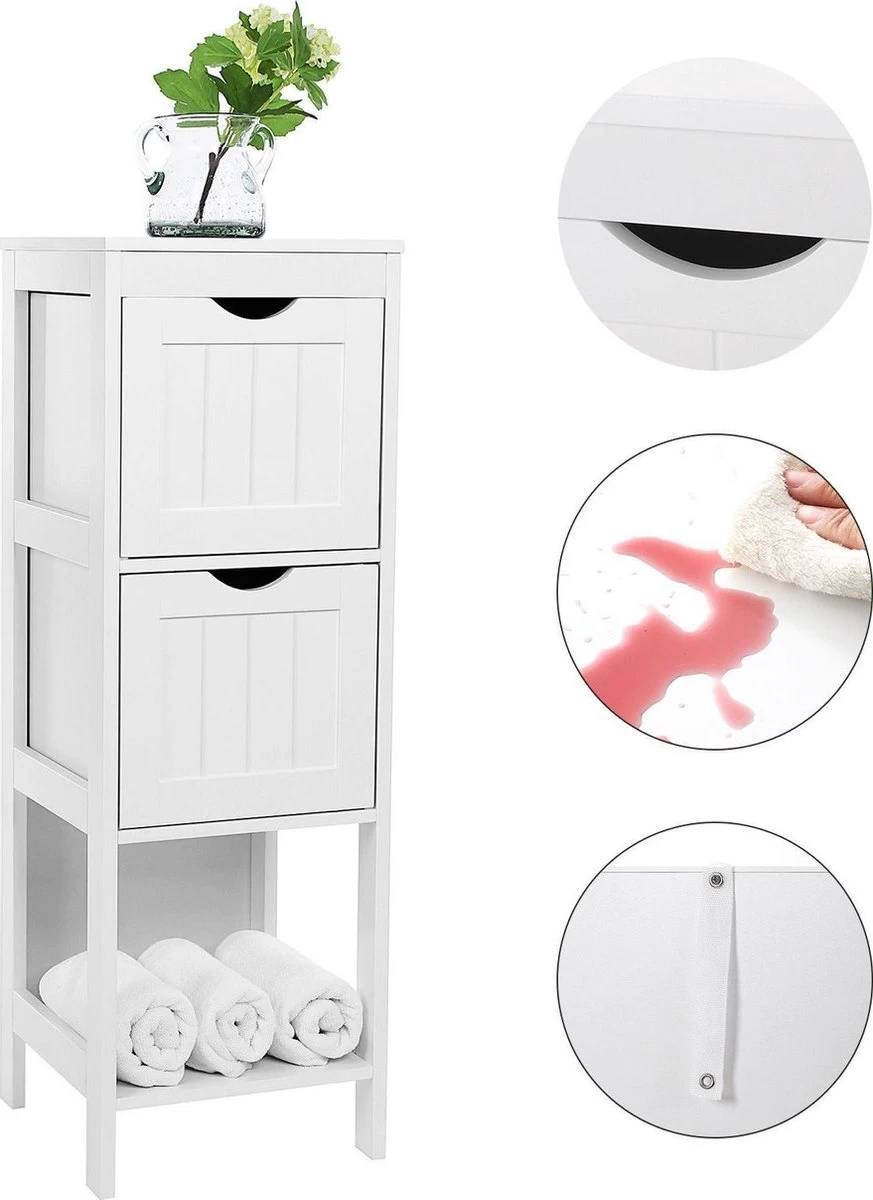 Staand Houten Badkamerkastje Met 2 Te Benutten Schuiflades - Vrijstaand Kastje Voor Badkamer Met Twee Lades - 30x30x89cm - Wit - Afbeelding 3