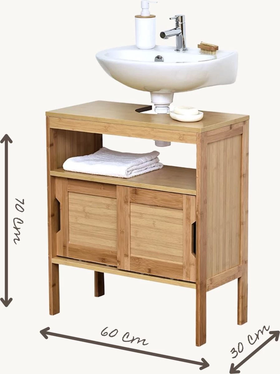 Wastafel Onderkast - Wastafelmeubel - Badkamerkast - Wastafelkast - H70 X B60 X D30 - Bamboe - Afbeelding 3