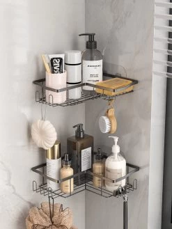 STRICX Doucherekhoek 2 Laags Zwart - Zonder Boren - Zelfklevend Doucherek - Doucherek - Doucherek Voor Badkamer/ Keuken - Doucherek Met Plakstrip - Keukenrek Met Plakstrip - Badrek Douche – Doucherek Hoekvorm - Badkamerrek Douchemandje