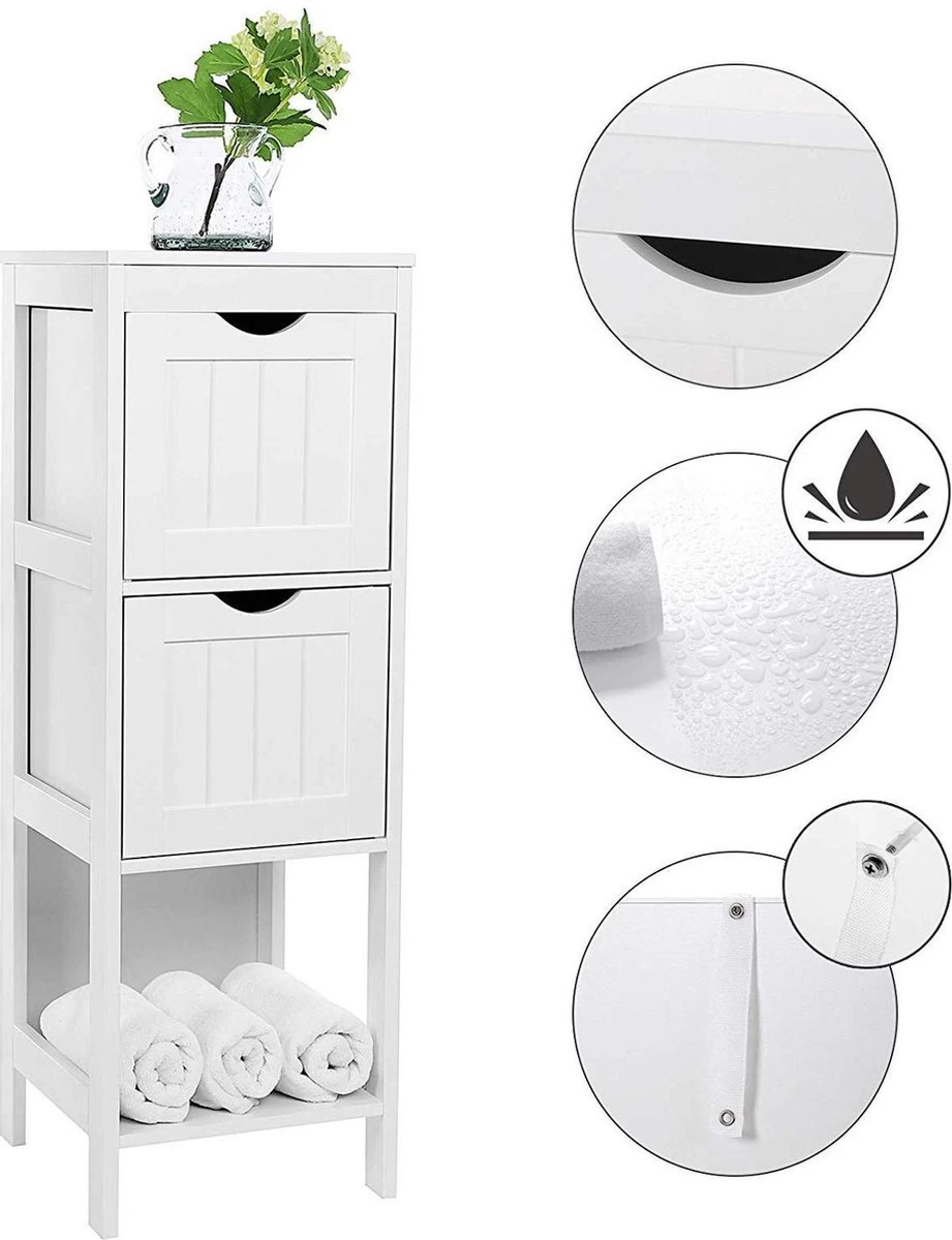 Staand Houten Badkamerkastje Met 2 Te Benutten Schuiflades - Vrijstaand Kastje Voor Badkamer Met Twee Lades - 30x30x89cm - Wit - Afbeelding 4