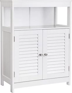 Songmics Badkamerkast Van Hout, Badkamerorganizer, Badkamerrek, Vrijstaand Met 2 Lamellendeuren, Wit, BBC40WT