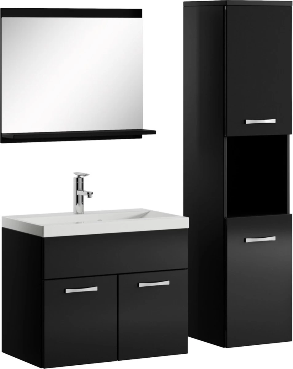 Badplaats Badkamermeubel Set Montreal 60 Cm X 35 Cm - Zwart Hoogglans - Badmeubel Met Spiegel En Zijkast