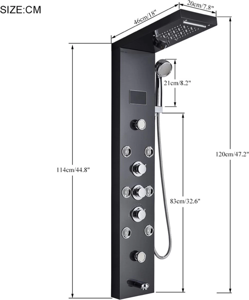 Sanisupreme® Douchepaneel Met Massage - Regendouche - Massage Jets - Waterval Douche - Met Thermostaatkraan En Handdouche - Zwart - Opbouw - Douchekop - Flanner®